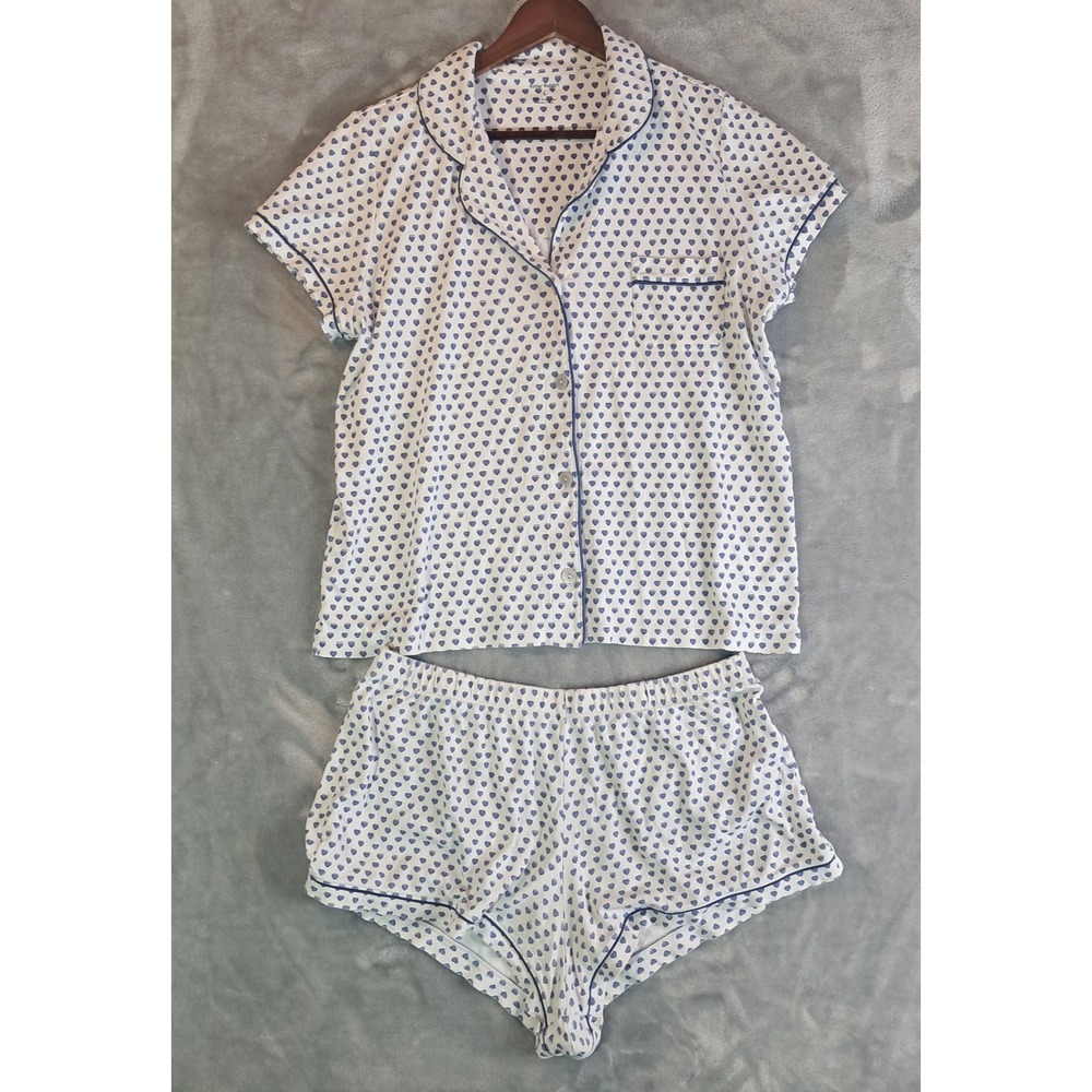 Roller Rabbit Blue Hearts Pajama Set L Short Sleeve Shorts Pima Cotton Sleepwear